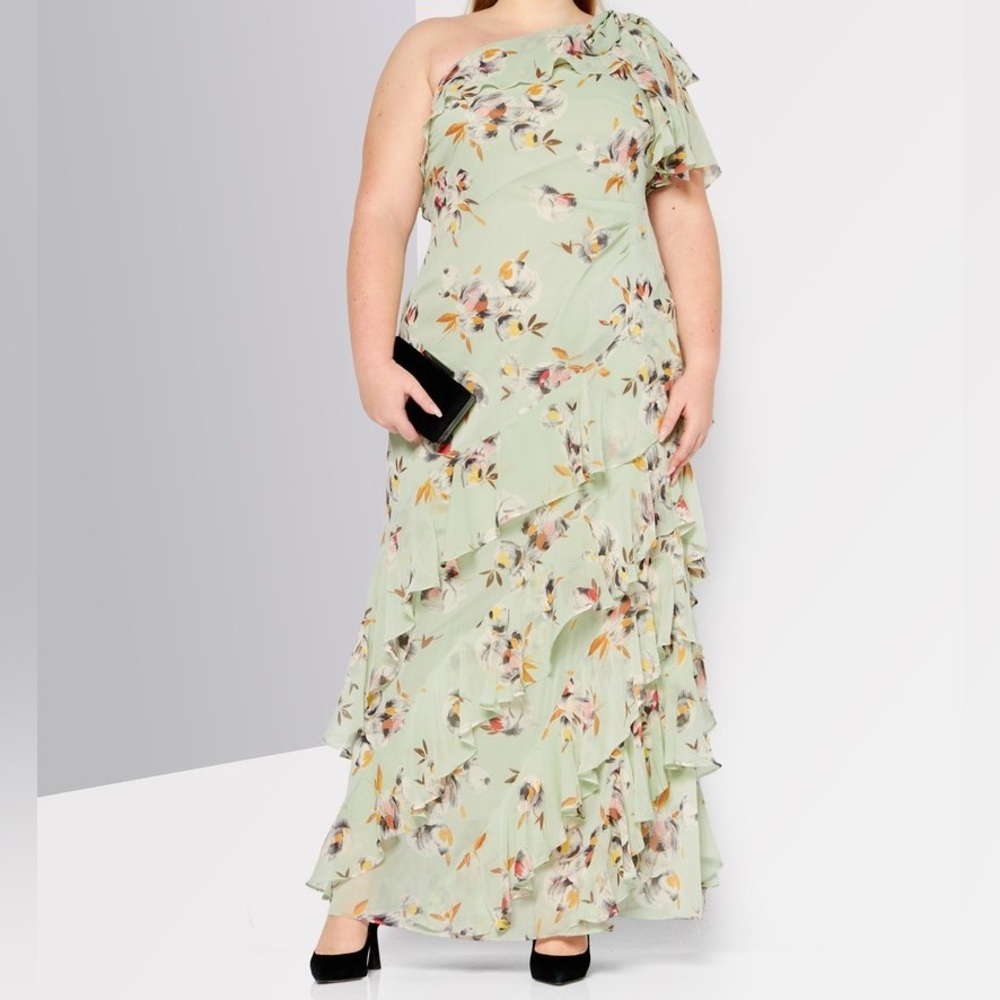 Ralph Lauren Mint Green Floral One-Shoulder Maxi Dress